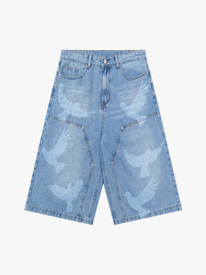 Stylish Denim Shorts with Flying Bird Prints for Summer Outfits 