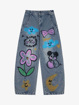 Hand-Painted Denim Jeans with Whimsical Designs for Women 