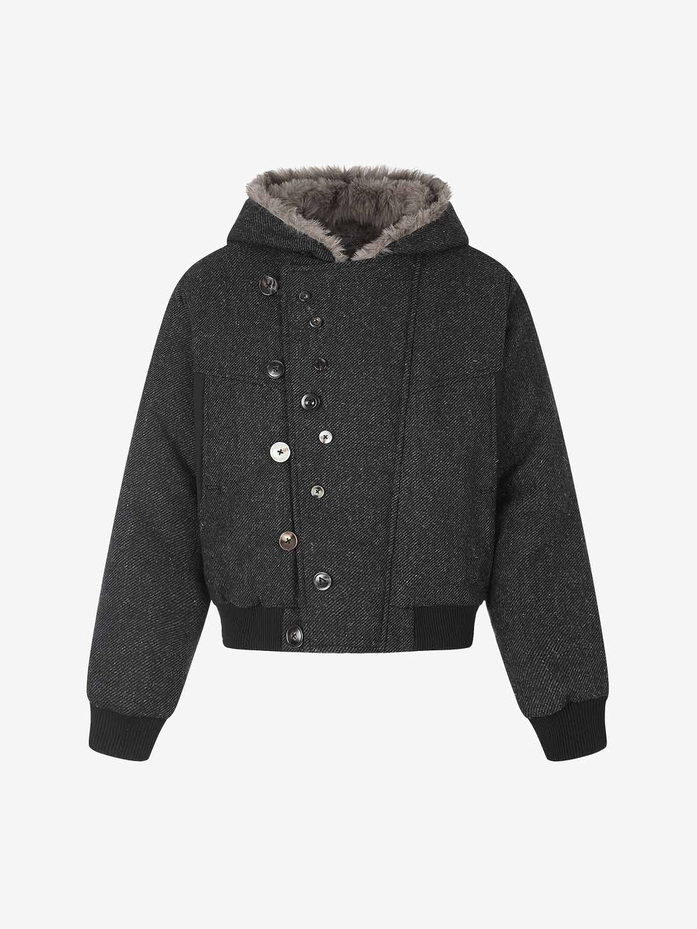 Faux-Fur Lined Asymmetric Button Hooded Coat