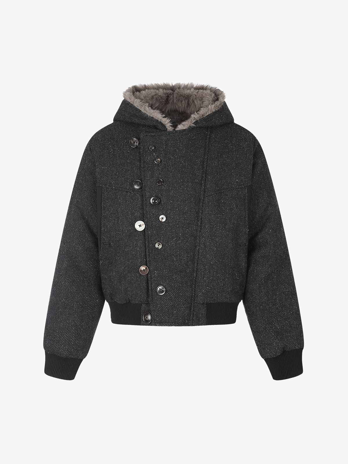 Faux-Fur Lined Asymmetric Button Hooded Coat