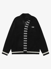 Retro Striped Contrast Panel Button-Up Collar Sweater 