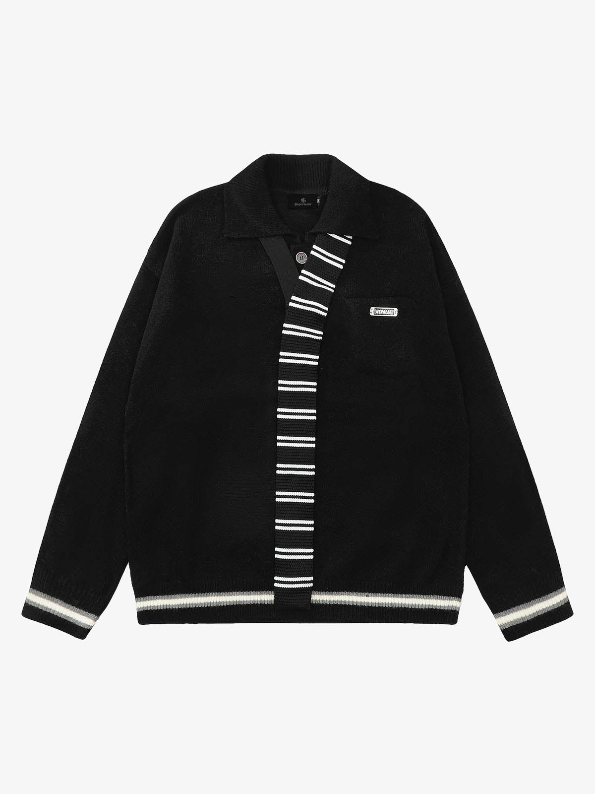 Retro Striped Contrast Panel Button-Up Collar Sweater 