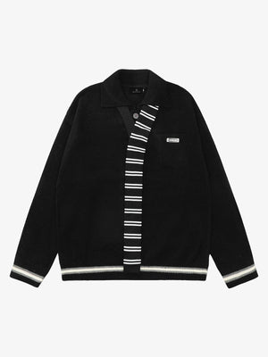 Retro Striped Contrast Panel Button-Up Collar Sweater 