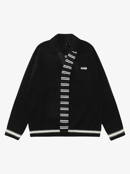 Retro Striped Contrast Panel Button-Up Collar Sweater 