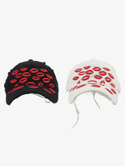 Red Lip Embroidery Distressed Baseball Cap 