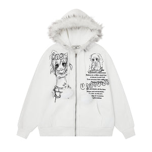 Retro Plush Collar Cartoon Anime Zip-Up Hoodie 