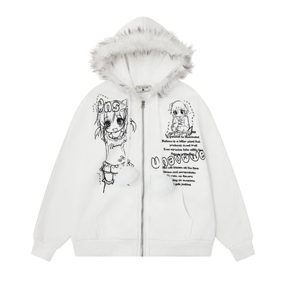 Retro Plush Collar Cartoon Anime Zip-Up Hoodie 