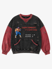 Fighting Graphic Color Block Washed Sweatshirt