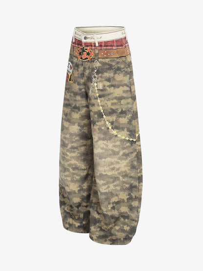 Layered Waist Camo Chain Detail Wide Leg Jeans