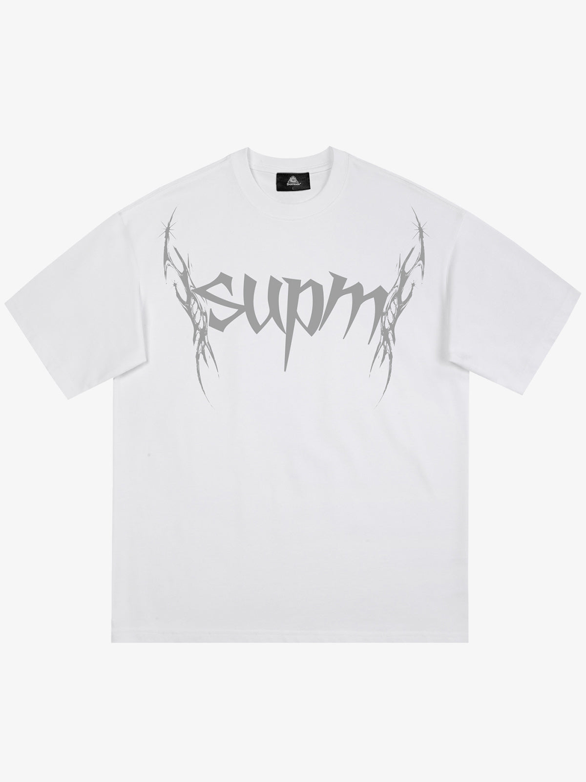 THE SUPERMADE Futuristic spiked pattern gothic style logo font design T-shirts 