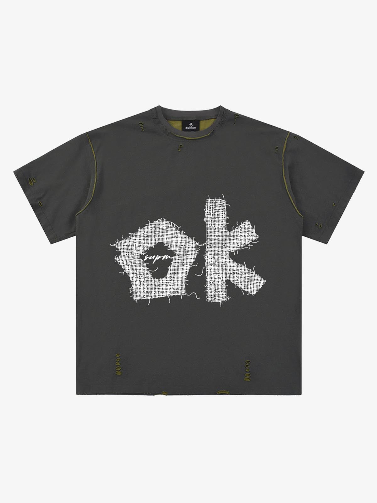 "OK" Patch Color-Block Ripped Reversible T-Shirt 