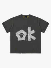 "OK" Patch Color-Block Ripped Reversible T-Shirt 