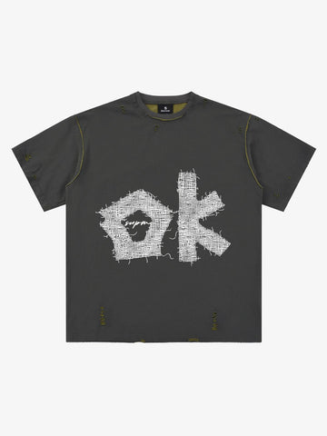 "OK" Patch Color-Block Ripped Reversible T-Shirt 