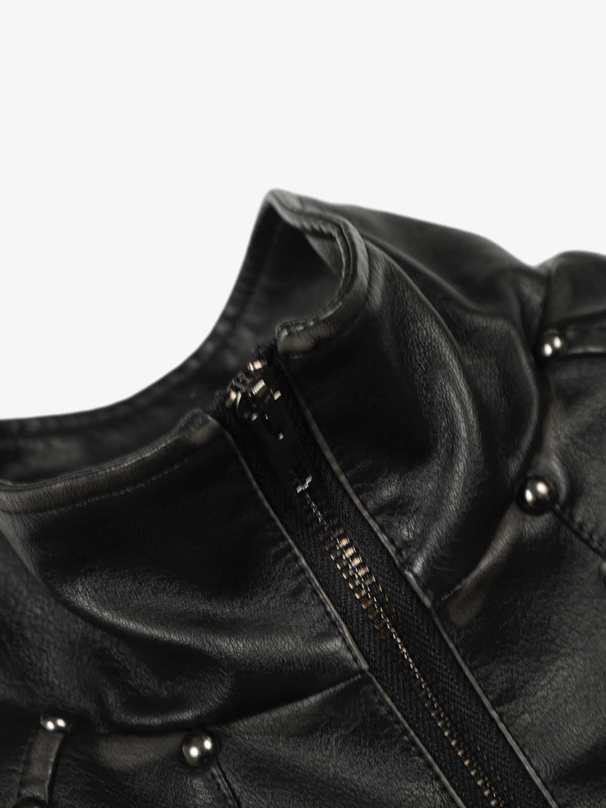 Studded High-Neck Faux Leather Jacket 