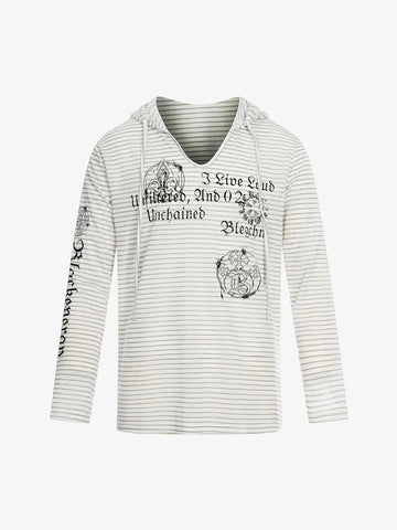 Graphic Print and V-Neck Striped Long Sleeve Hooded T-Shirt 