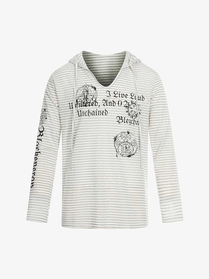 Graphic Print and V-Neck Striped Long Sleeve Hooded T-Shirt