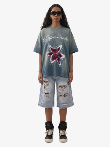 Washed Floral Star Print T-Shirt 
