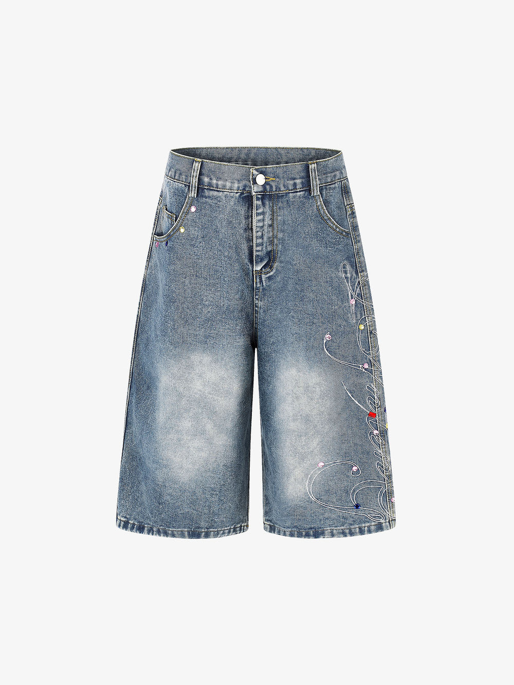 Embroidered Rhinestone Baggy Jorts
