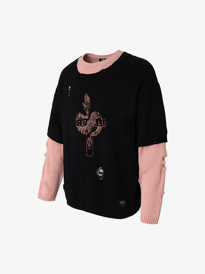 Thesupermade Faux Two-piece Distressed Totem Sweater 