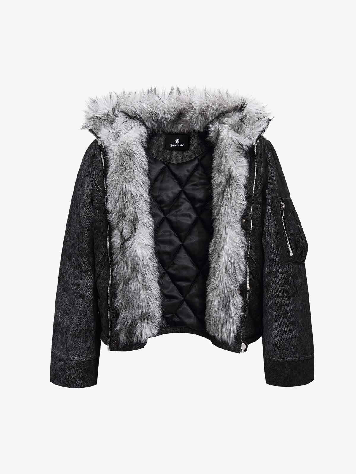 Vintage Metal Buckle Faux Fur Trim Padded Denim Jacket 