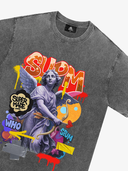 Angel statue and street graffiti mixed pattern T-shirt 