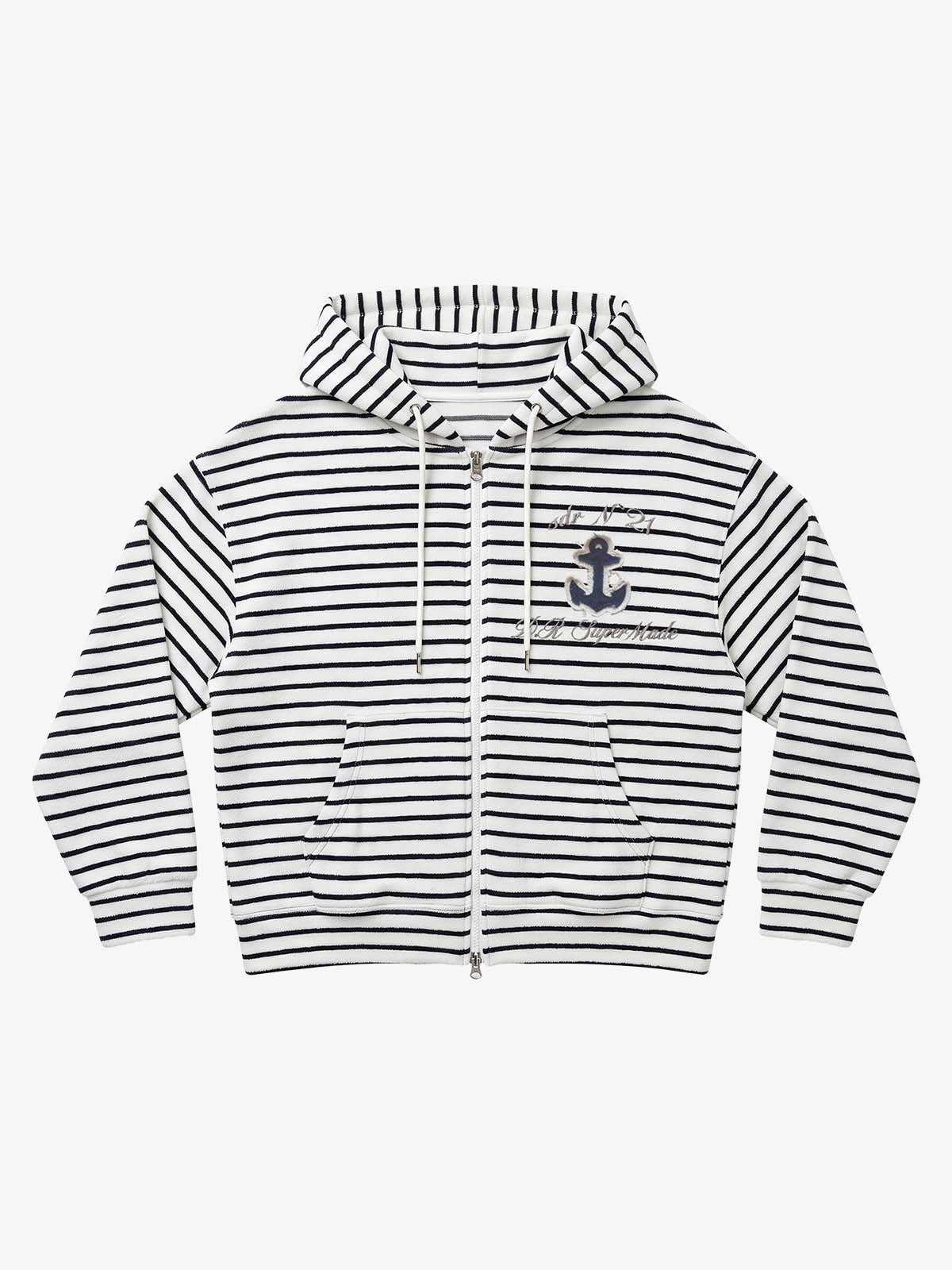 Anchor Appliqué Striped Terry Zip Hoodie