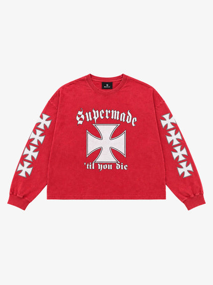 Cross Graphic Distressed-Wash Long Sleeve Tee