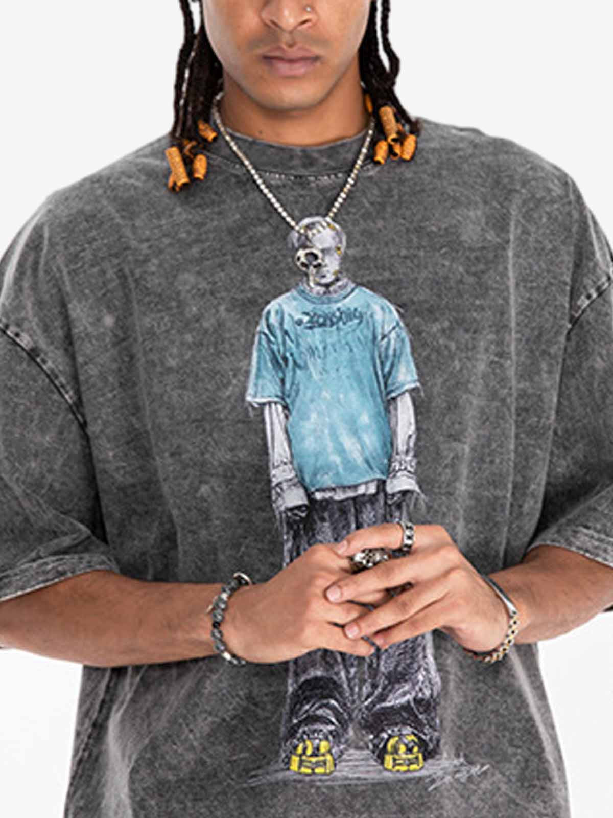 300G Jade Pattern Dyed Cotton Oversized T-Shirt with Skeleton Graphic Print Streetwear 