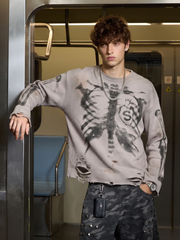 Skull Graphic Distressed Knit Sweater
