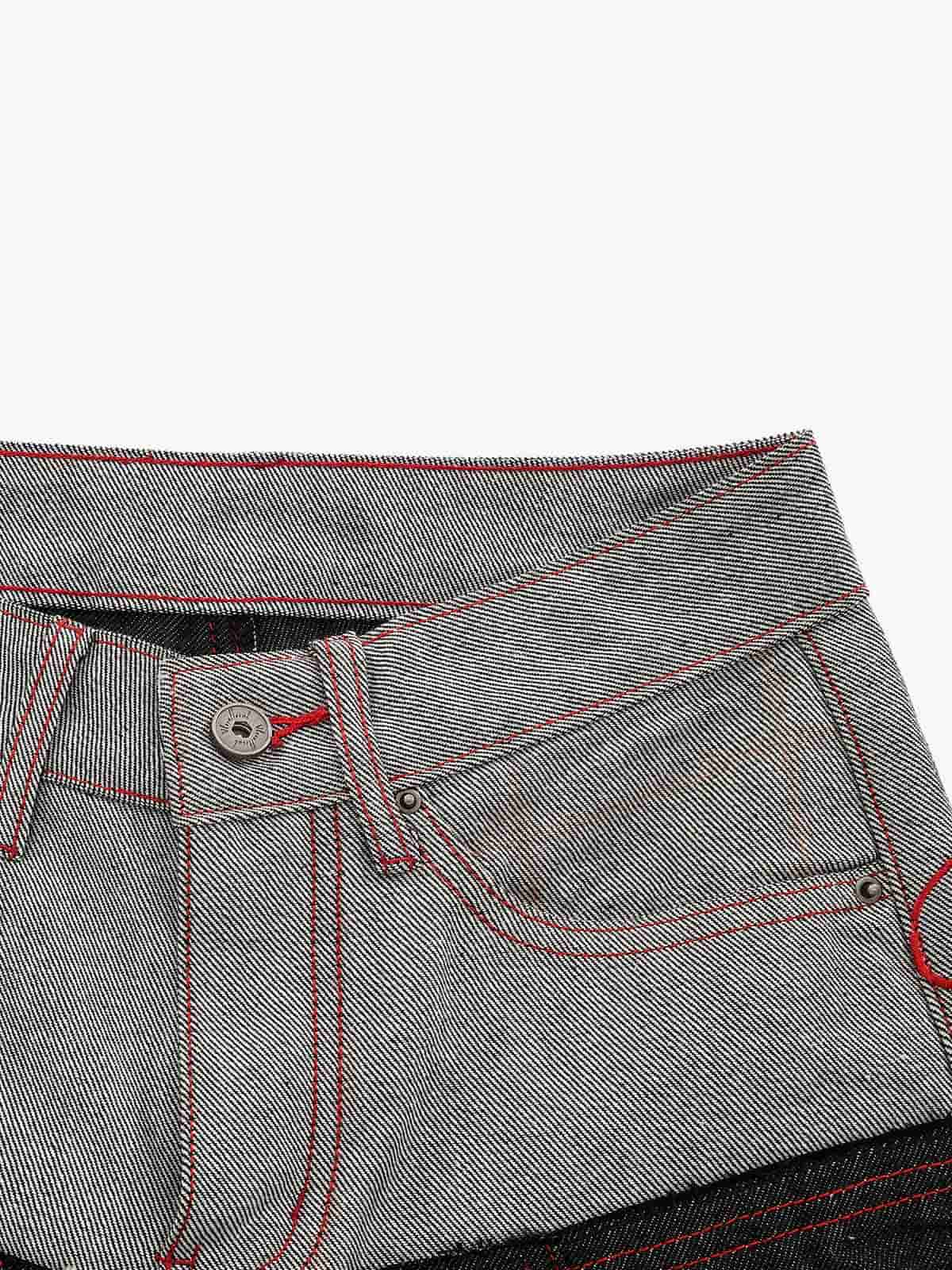 Faux-Layered Embroidered Color Block Jeans