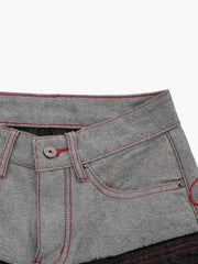 Faux-Layered Embroidered Color Block Jeans