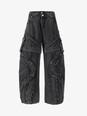 Retro Patchwork Frayed-Edge Heavy-Duty Jeans 