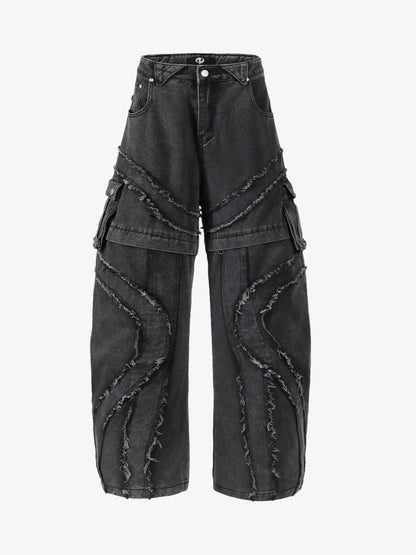 Retro Patchwork Frayed-Edge Heavy-Duty Jeans 