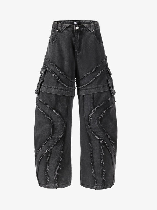 Retro Patchwork Frayed-Edge Heavy-Duty Jeans 