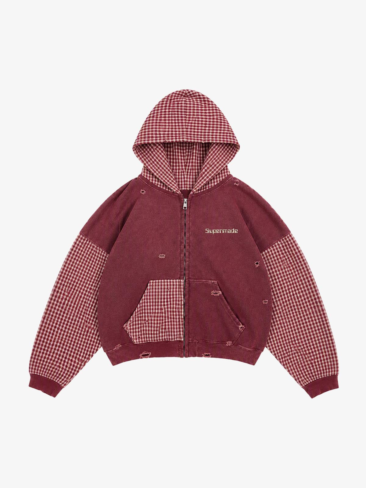 Plaid Paneled Distressed Cropped Zip Hoodie