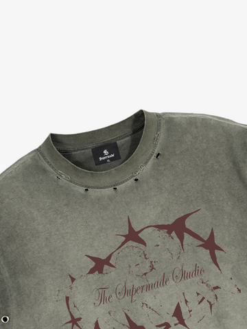 Eyelet Graphic Washed Ripped Tee
