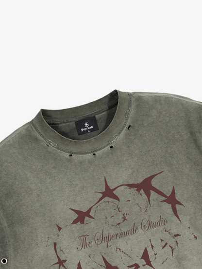 Eyelet Graphic Washed Ripped Tee