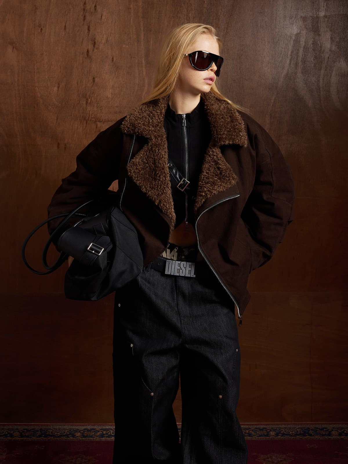 Thesupermade Oblique Zipper Design Lambswool Collar Quilted Jacket 