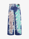 Denim Tie-Dye Wide Leg Jeans with Blue Green and Beige Patterns 