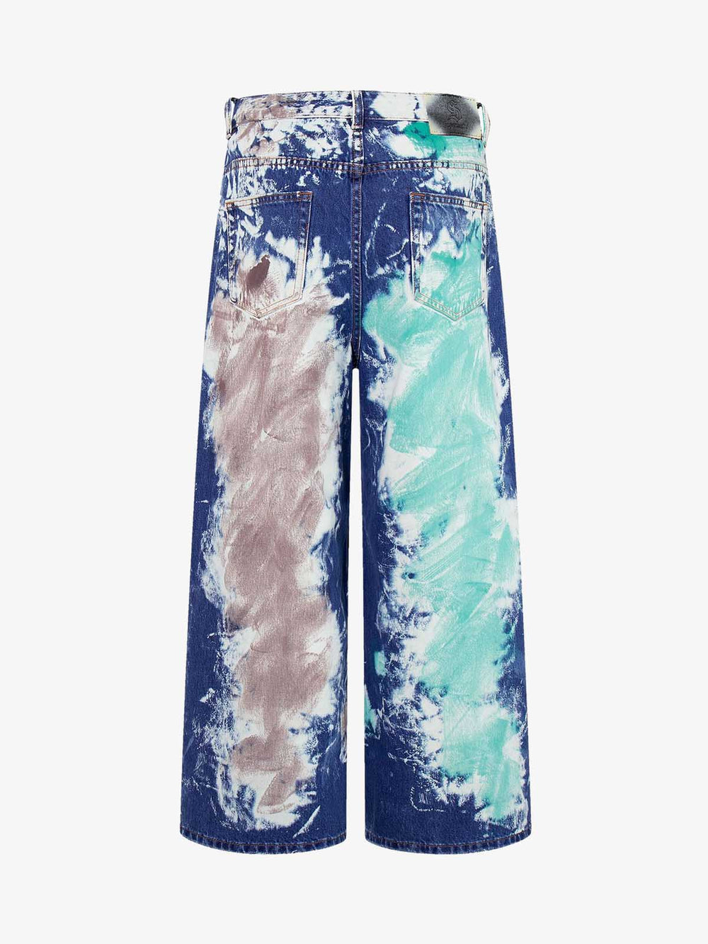 Denim Tie-Dye Wide Leg Jeans with Blue Green and Beige Patterns 