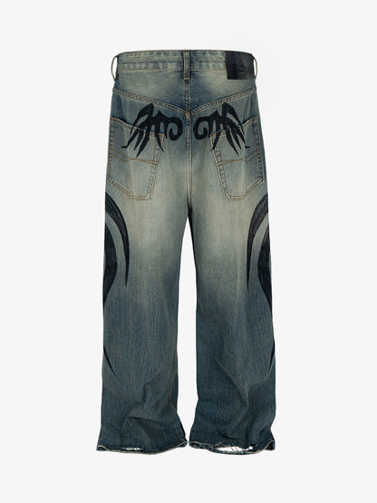 Unique Wide-Leg Denim Pants with Artistic Spider Design for Fashion Lovers 