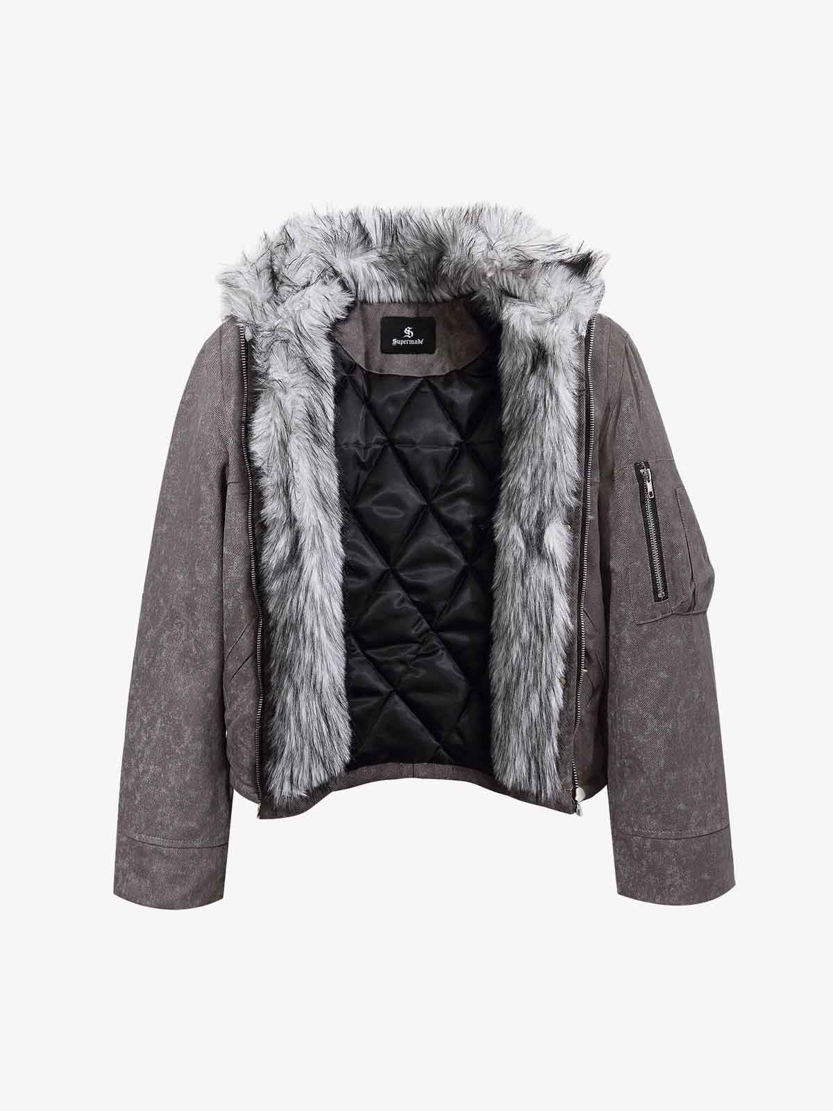 Vintage Metal Buckle Faux Fur Trim Padded Denim Jacket 