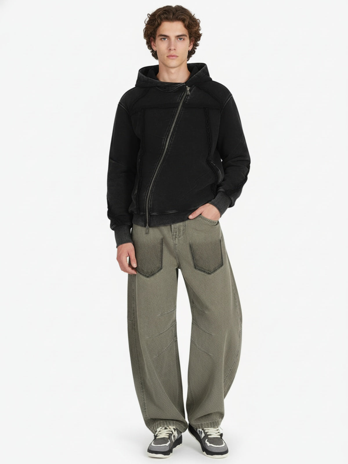 Retro Asymmetric Zip Up Deconstructed Hoodie 