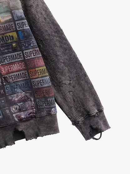 Distressed Multi-Label Zip-Up Hoodie