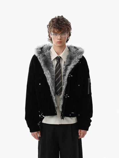 Retro Fur Collar Suede Toggle Closure Padded Bomber Jacket 