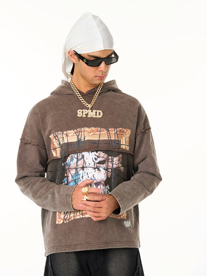 Distressed Hooded Sweatshirt with a Famous Painting of Thorn Destruction 