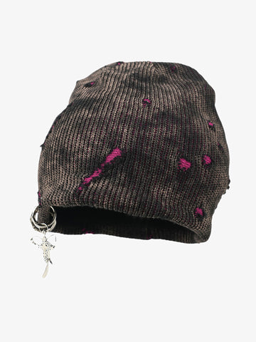 Retro Wasteland Style Distressed Knit Hanging Charm Beanie 