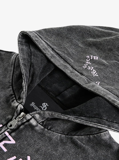 Retro Distressed Fun Text Print Zip-Up Hoodie 