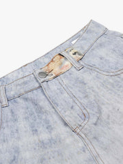 Light Wash Denim Shorts with Floral & Leopard Details