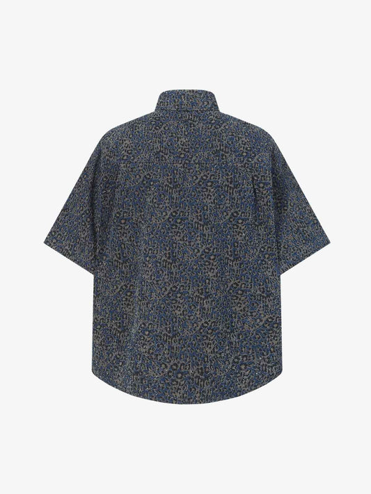 Vintage Leopard Print Washed Denim Short Sleeve Shirt
